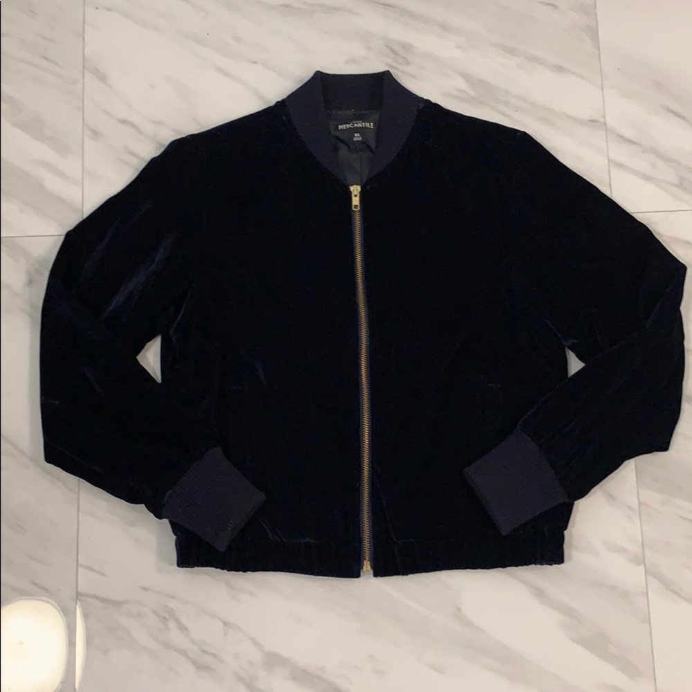 Navy Velour Bomber Jacket